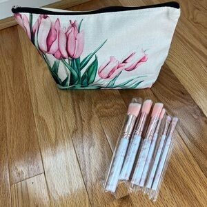 NEW- Bundle Waterproof Makeup Bag and 6pcs Marble Makeup Brush Set